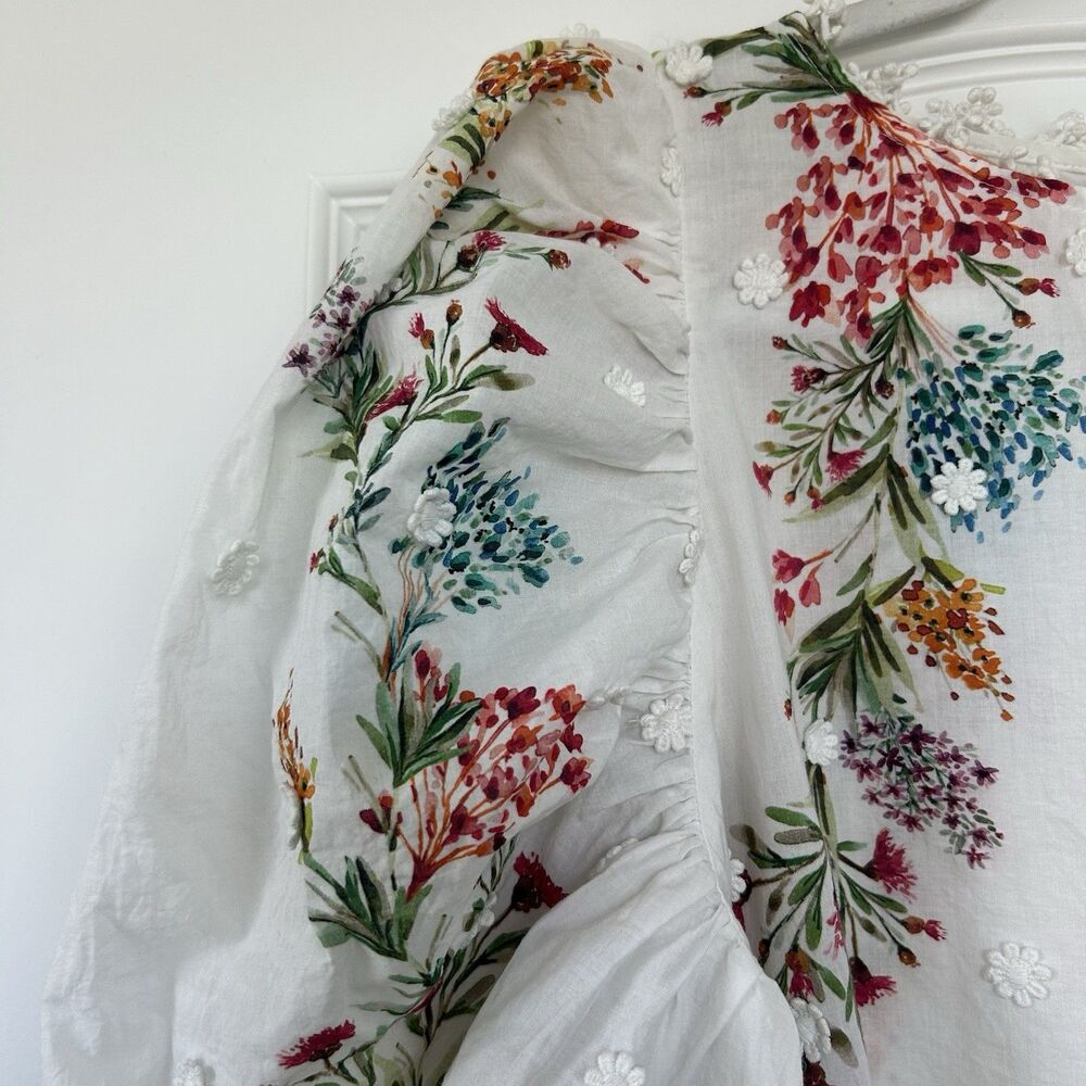 FARM RIO Louise Floral Print Womens Sz S Blouse Embroidery Puff Sleeves Romantic - Picture 5 of 14